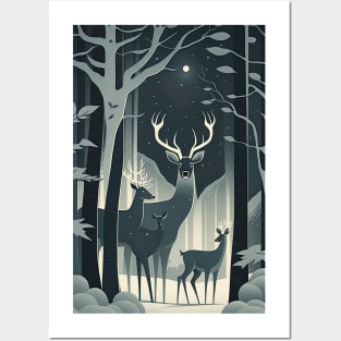 Family of Deer in the Forest at Winter Posters and Art